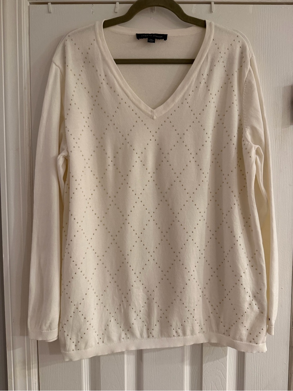 Tommy Hilfiger Cream V-Neck Sweater with Studded Diamond Detail